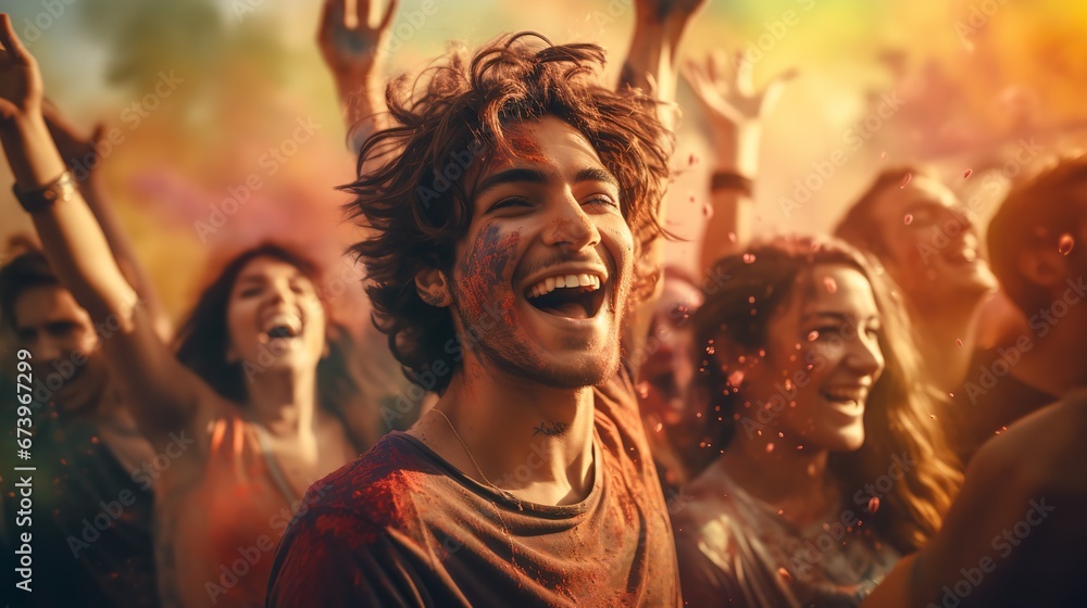 A large gathering of young people dancing, shouting, and partying at a summer festival. Generative Ai. A large gathering of young people dancing, shouting, and partying at a summer festival. Generative Ai.