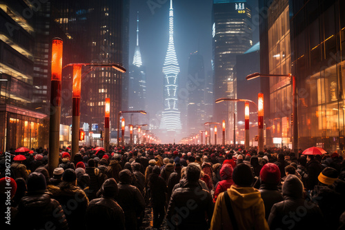 A throng of people in winter attire gathers on a city street at night, with glowing red lights and skyscrapers looming above.