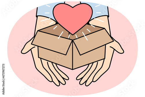 Closeup of person holding box with heart. Hands with parcel with love symbol inside share gratitude and care feeling grateful and thankful. Charity concept. Vector illustration.