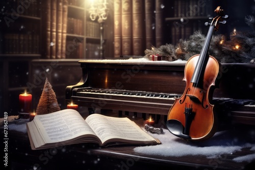 Winter colors and music, snow covered bench, violin and piano in a room with fir tree branches and decoration. photo