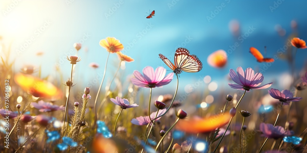 A meadow in nature with a field of brilliant cosmos flowers and a butterfly. Generative Ai. A meadow in nature with a field of brilliant cosmos flowers and a butterfly. Generative Ai.