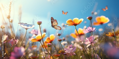 A meadow in nature with a field of brilliant cosmos flowers and a butterfly. Generative Ai. © MinixT