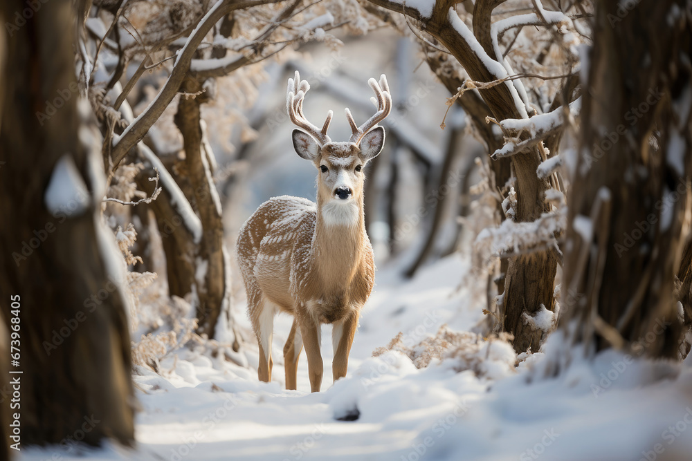 Majestic white-tailed buck with impressive antlers stands alert in a peaceful, snowy forest glade. Majestic white-tailed buck with impressive antlers stands alert in a peaceful, snowy forest glade.