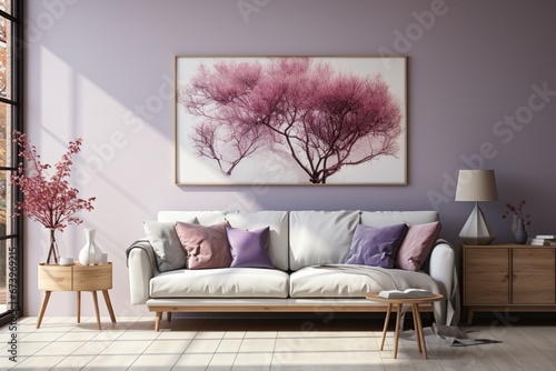 Against a white wall with art poster, there's a white sofa with colorful cushions. Scandinavian style interior design of a modern living room