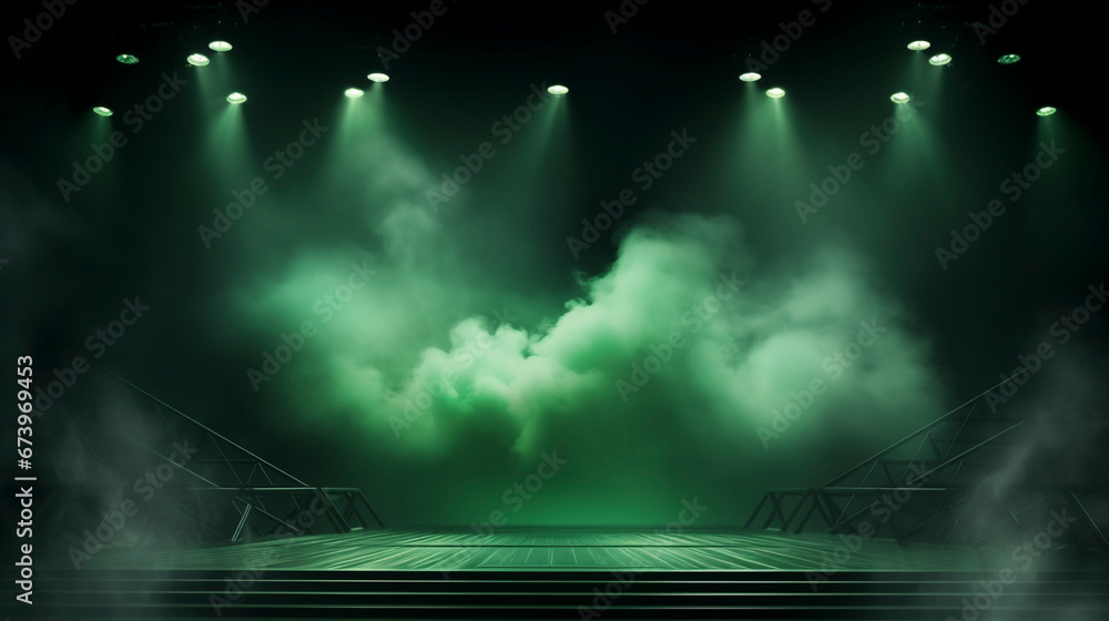 large theater stage with green smoke and lighting, performing arts platform 