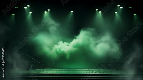 large theater stage with green smoke and lighting  performing arts platform 