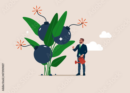 Businessman watering growing seedling with bombs flower. Unexpected problem, dangerous situation. Modern vector illustration in flat style