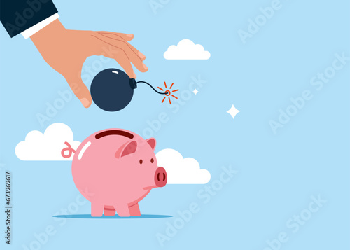 Hand putting bomb a piggy bank. Modern vector illustration in flat style