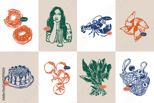 Minimalist hand drawn food and drink vector illustration collection. Art for postcards, branding, logo design, background.