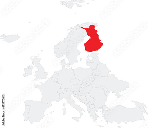 Red CMYK national map of FINLAND inside gray blank political map of European continent on transparent background using Robinson projection