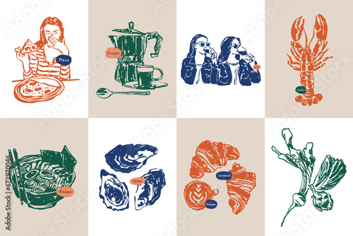 Minimalist hand drawn food and drink vector illustration collection. Art for postcards, branding, logo design, background.