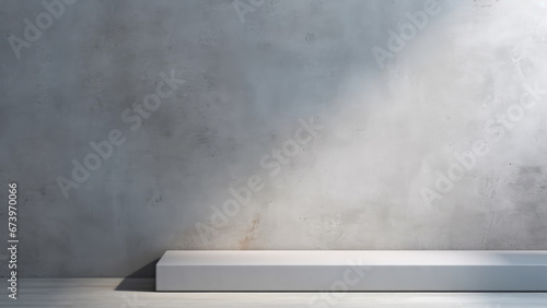 Stone podium  product placement layout in interior room with a white floor against a grey concrete wall