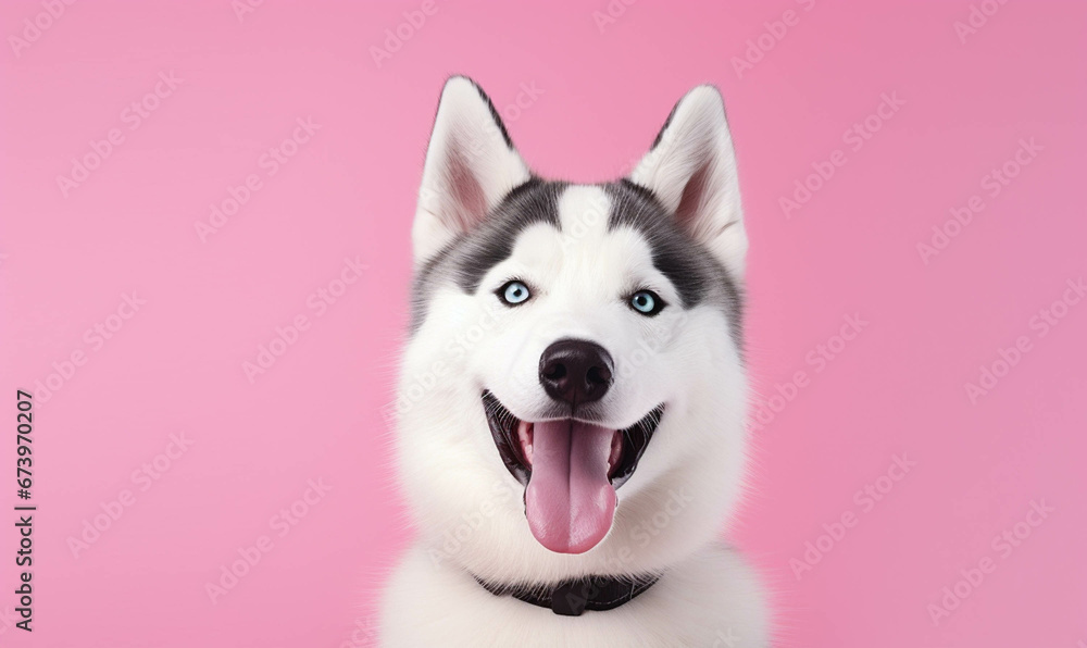  husky Portrait of a dog , Closeup portrait of funny, cute, happy dog, looking at the camera with mouth open isolated on colored background. Copy space. 