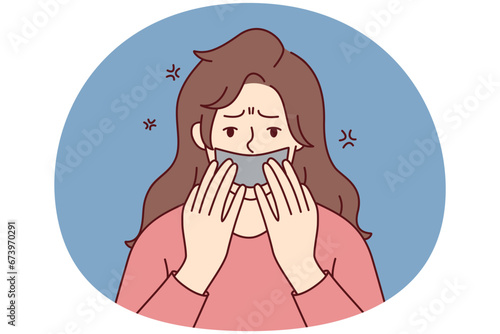 Scared young woman with tape on mouth suffer from speech censorship. Terrified female have freedom of speech limitation. Discrimination and harassment. Vector illustration.