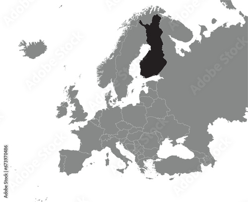 Black CMYK national map of FINLAND inside detailed gray blank political map of European continent on transparent background using Mercator projection