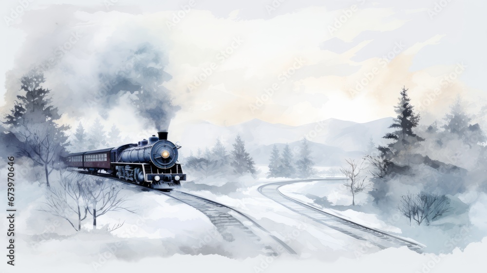 Watercolor christmas greeting card of a  train in the snow.y forest landscape with trees and snowflakes
