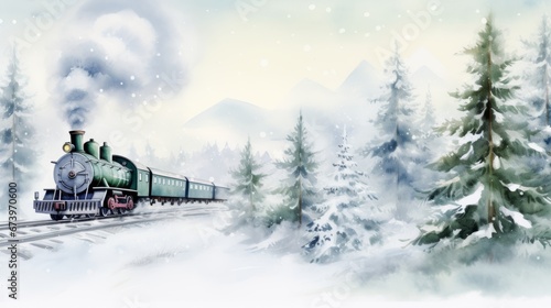 Watercolor christmas greeting card of a train in the snow.y forest landscape with trees and snowflakes