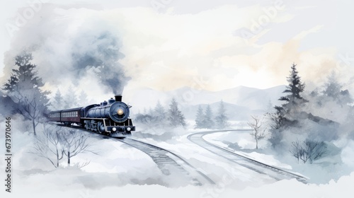 Watercolor christmas greeting card of a train in the snow.y forest landscape with trees and snowflakes