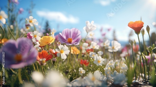 Fields of spring flowers. Generative Ai.
