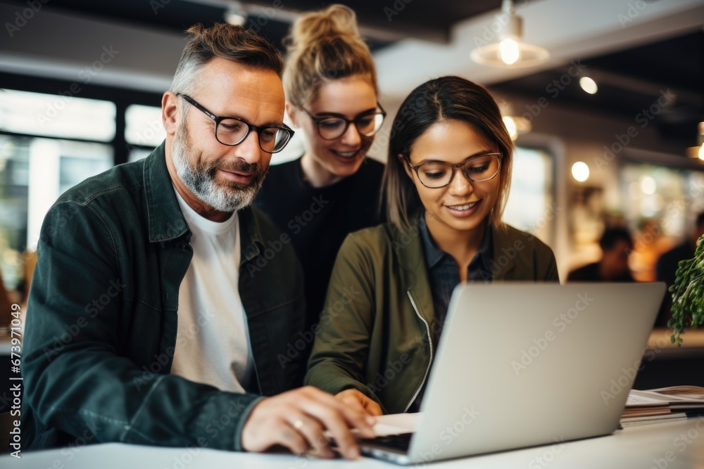 A image of Design professionals using a laptop together in office Generative AI A image of Design professionals using a laptop together in office Generative AI
