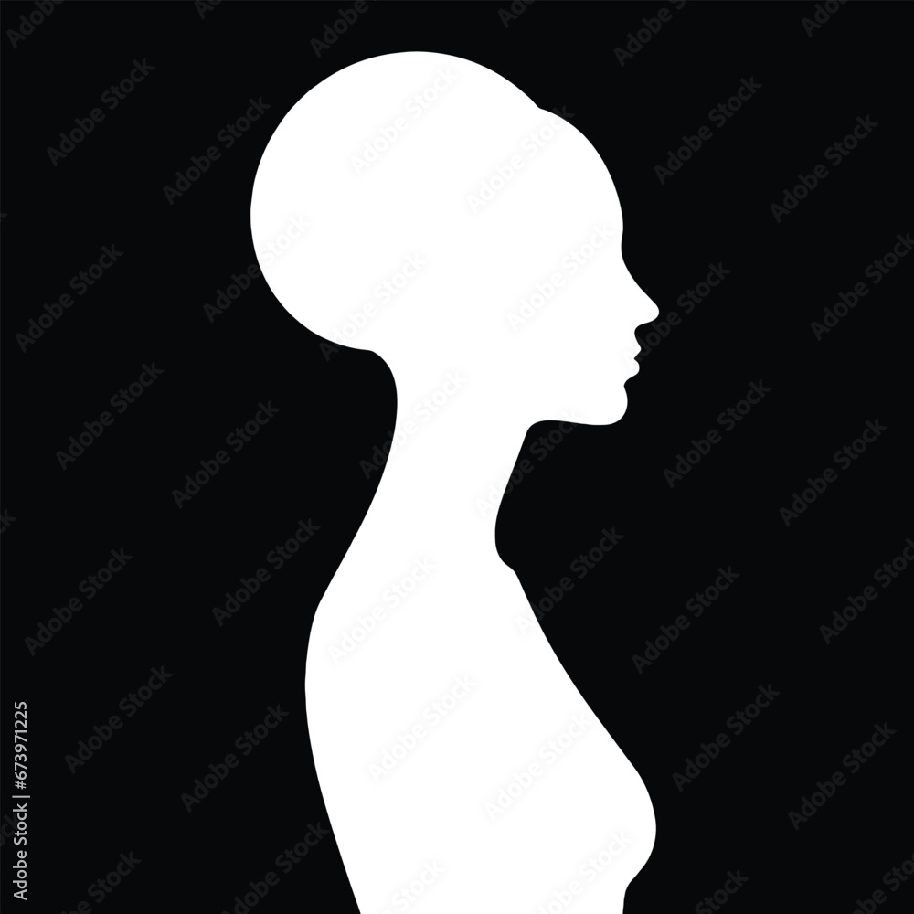 A silhouette of a woman's head in white on a black background with a black background