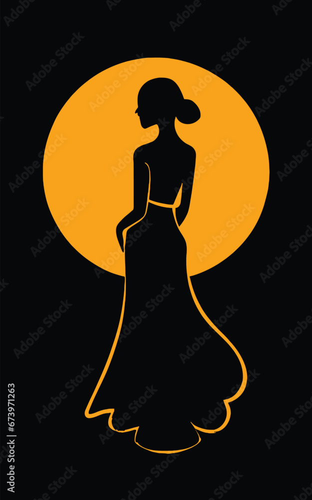 A woman in a dress standing in front of a yellow sun with a black background A woman in a dress standing in front of a yellow sun with a black background