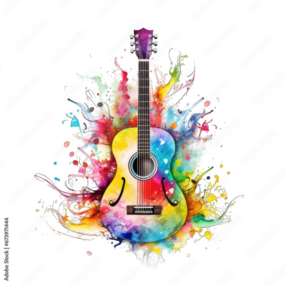 Rainbow watercolor music notes and guitar and notes