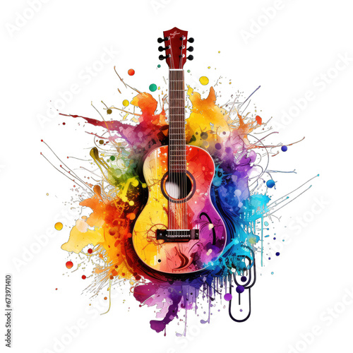 Abstract rainbow paint splatter background with guitar