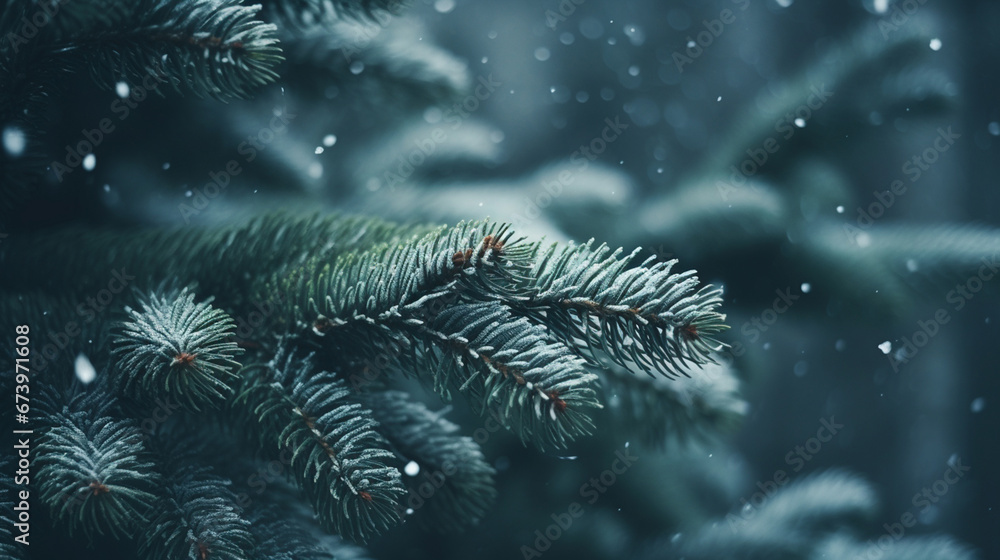 A background of fir branches on which snow is falling