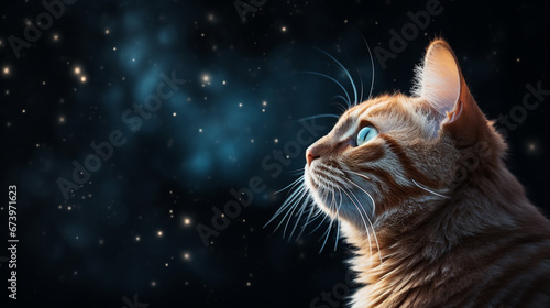 A cat in profile against the background of a starry sky