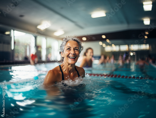 Retired woman having fun in a swimming class with other seniors. Image conveys improvement, active and happy person. Indoor Olympic pool.