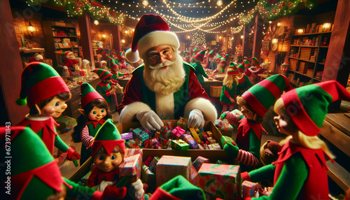 Santa Claus, With a Red Suit, Surrounded by His Elf Helpers in a Vibrant Workshop. Generative AI. 4K Wallpaper