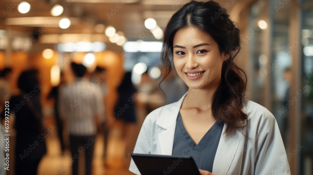 Fototapeta premium A photo of Doctor asian woman and tablet for medical plan Generative AI