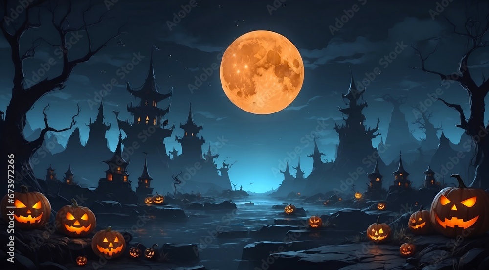 Halloween night scene background with castle with Halloween pumpkin within flames in the graveyard.