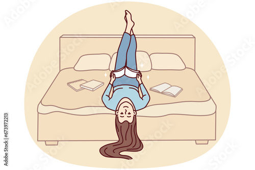 Happy girl lying on bed at home reading book. Smiling woman relax in bedroom enjoying literature. Education and bookworm. Vector illustration.