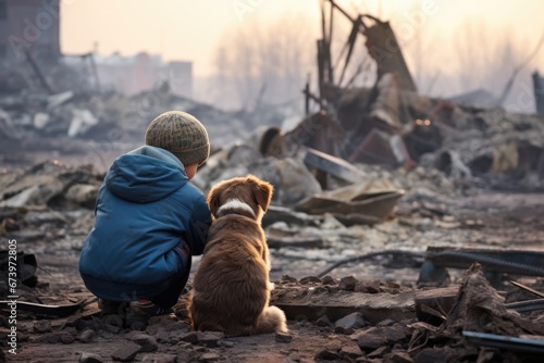 A boy with his dog contemplating the destruction of his city. AI generated image
