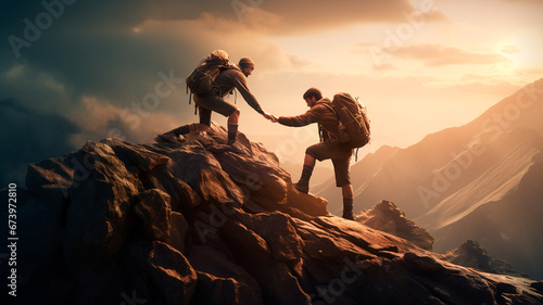 Couple helping each other climb to the top of the mountain