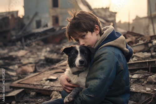 A boy hugging his dog as he watches the destruction of his city. AI generated image