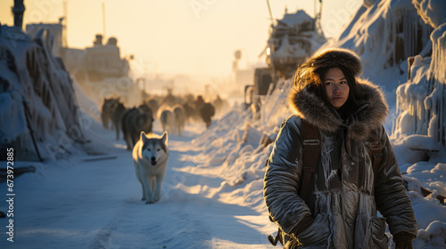 woman in northern village with sled dogs photo