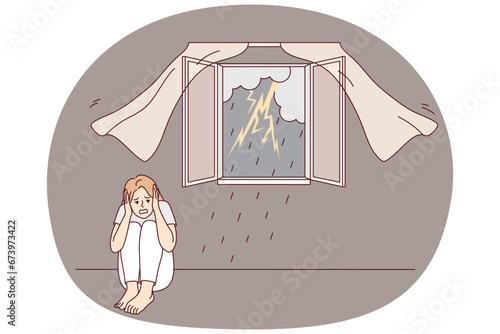 Scared girl sitting on floor afraid of storm outdoors. Terrified young woman feel stressed and frightened of lightning and thunderstorm. Vector illustration.