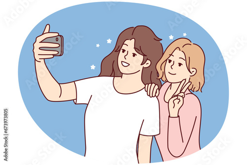 Smiling girls making selfie on smartphone together. Happy women have fun take self-portrait picture on modern cellphone camera. Vector illustration.