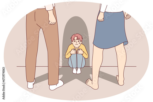 Terrified little boy child scared of aggressive violent parents. Upset crying small kid frightened of angry adults. Family fight and domestic violence. Vector illustration.