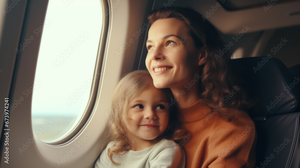 Joyful little girl and woman sitting in passenger airplane