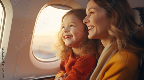 Joyful little girl and woman sitting in passenger airplane photo