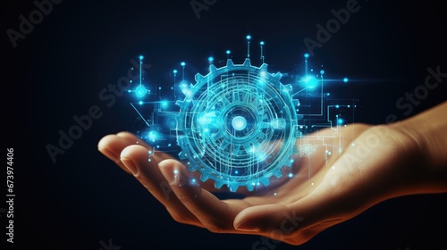 A picture of Gears Mechanical technology machine engineering man hand holding Generative AI