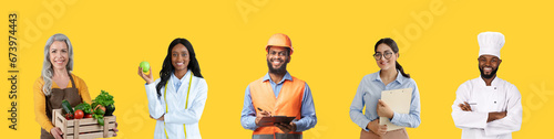 Diverse People Of Different Professions Posing Isolated Over Yellow Background photo
