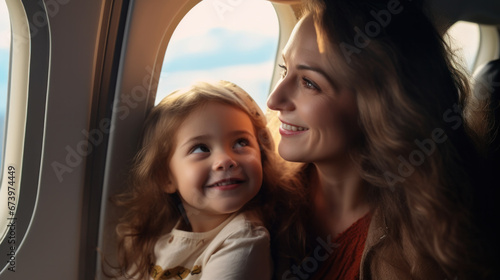 Joyful little girl and woman sitting in passenger airplane