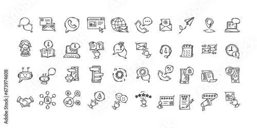 Contact us doodle big set. Sketch hand drawn icons. Chat bot and artificial intelligence. Customer support and technical service. Social media followers and communication. Information desk.