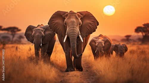 A shot of elephants on sunset A giant elephant is all the first. Generative AI © Saim Art