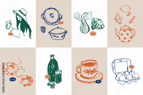 Minimalist hand drawn food and drink vector illustration collection. Art for postcards, branding, logo design, background.